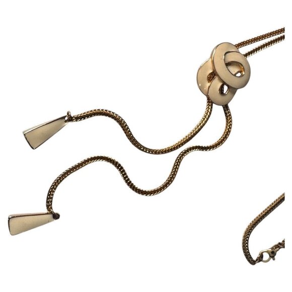 VINTAGE MONET GOLD TONE SLIDE NECKLACE with TASSEL LIKE ENDINGS - Picture 2 of 6